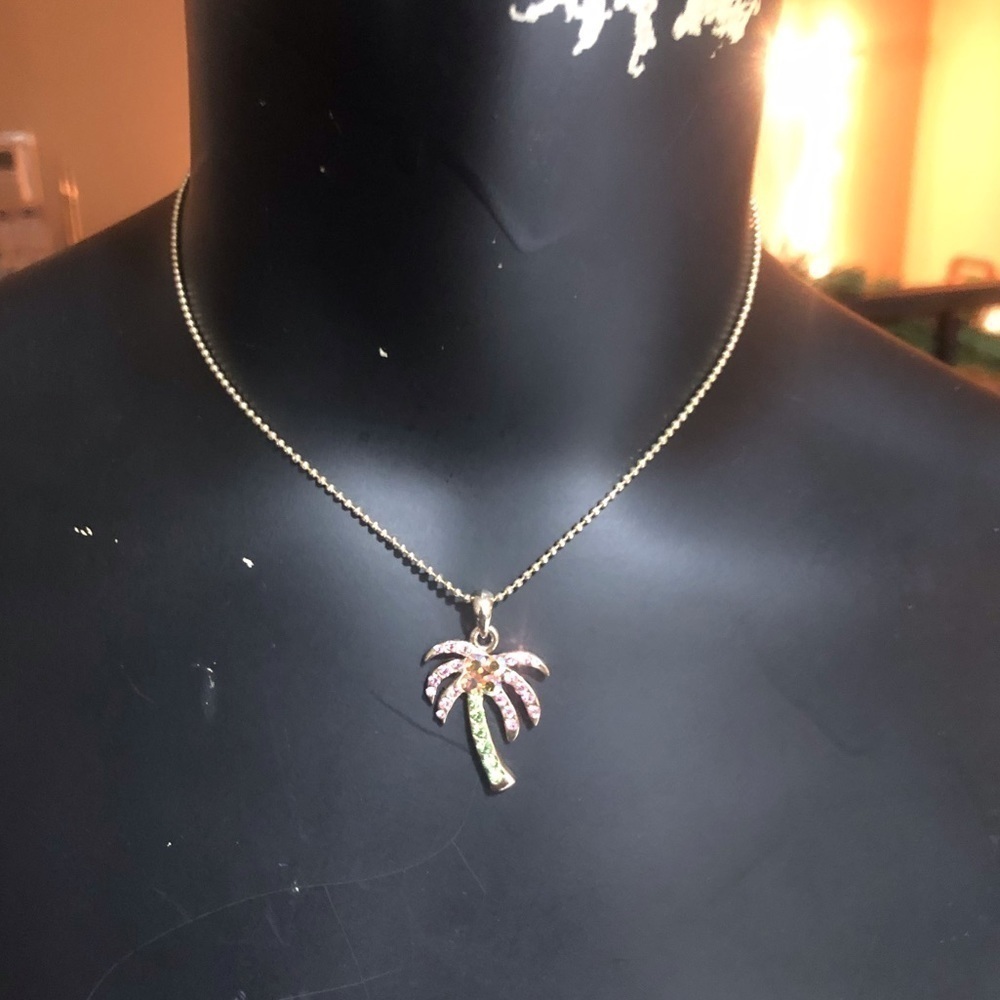 Rhinestone PalmTree Pendant Gold Tone Necklace - Picture 2 of 6